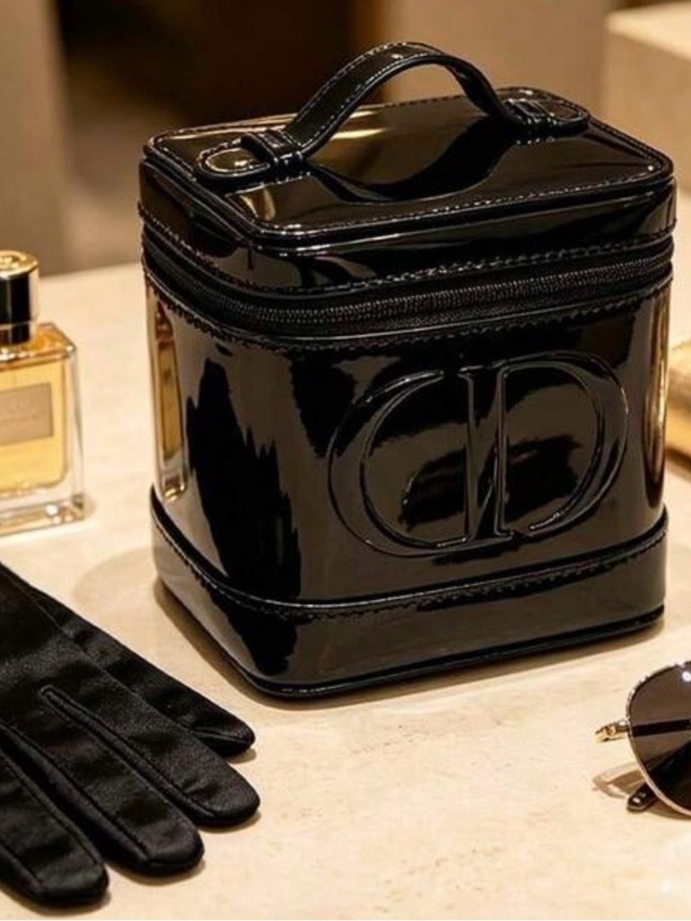 NEW! Dior Vanity Black Patent Leather Cosmetic Case with CD Monogram
